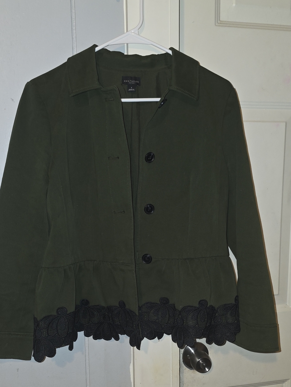 Ann Taylor Dark Olive Peplum Blazer with Lace Trim